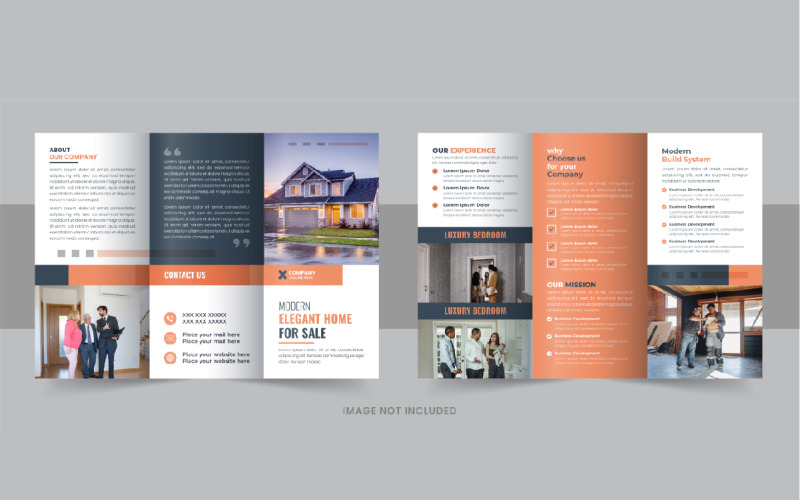 Conception de brochure à trois volets pour l'immobilier moderne, la construction et la vente de maisons