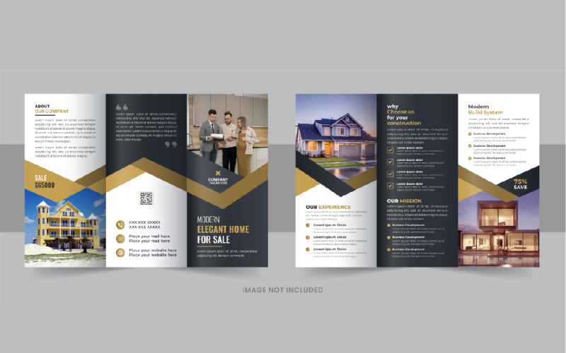 Diseño de folleto tríptico de negocios modernos de bienes raíces, construcción y venta de viviendas.