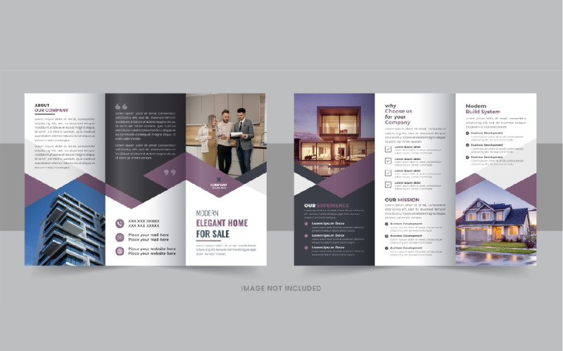 Modern ingatlan, építőipar, lakás értékesítési üzleti háromrészes brosúra sablon elrendezése