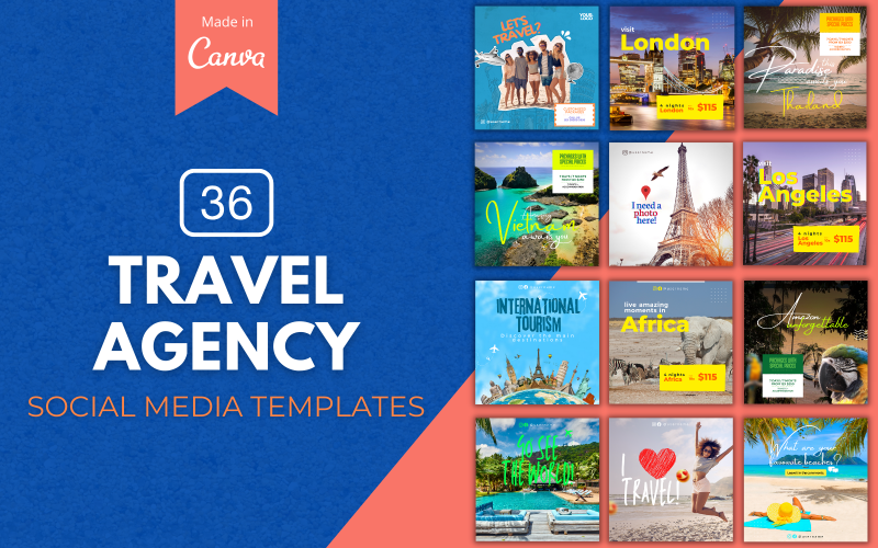 36 modelli di tela premium per agenzie di viaggio per i social media