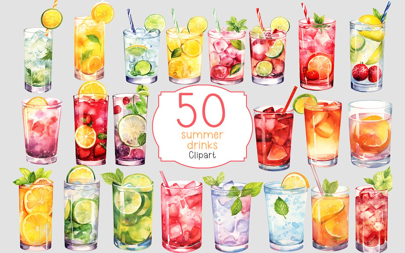 Şeffaf arka planda suluboya yaz içecekleri clipart seti