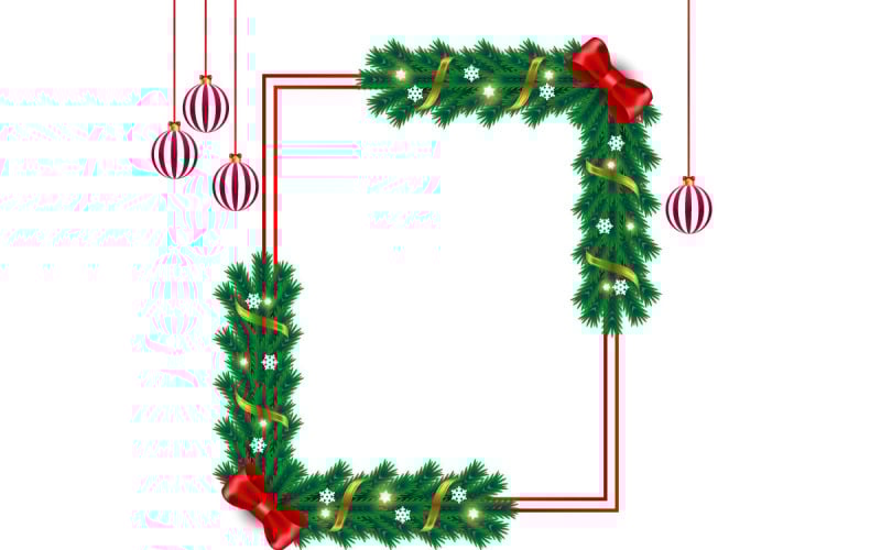 Frohe Weihnachten-Fotorahmen und Weihnachtsrahmen mit Tannenzweig-Weihnachtskugel