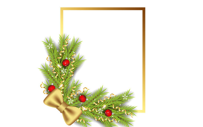Fröhlicher Weihnachtsfotorahmen und Weihnachtsrahmen mit Tannenzweig-Weihnachtskugel und Sternidee