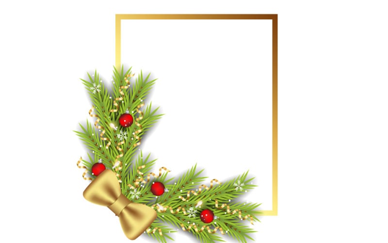 Marco de fotos de feliz navidad y marco navideño con rama de pino, idea de bola navideña y estrella