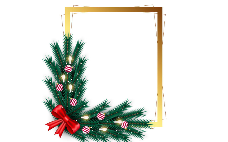 Moldura para fotos de feliz natal e moldura de natal com ramo de pinheiro, bola de natal e conceito de estrela