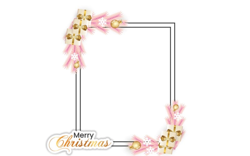 Cadre photo de Noël vectoriel, feuille de Noël, flocons de neige dorés, boules de Noël et lumière