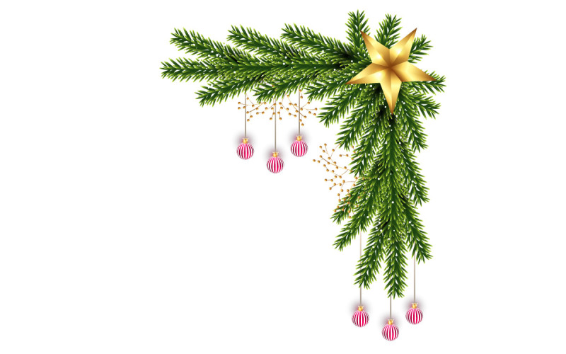 Moldura de Natal e canto de guirlanda de Natal com galho de pinheiro, bola de Natal e estrelas