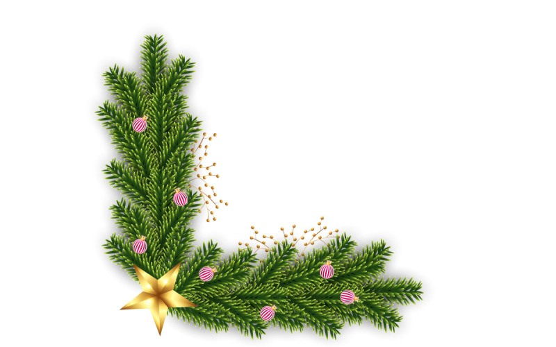 Vector Christmas photo frame and christmas garland corner  with pine branch christmas ball and star