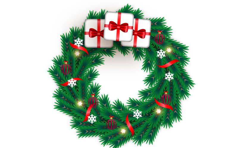 Decoración de corona navideña. vector de corona con hojas de pino, bolas de navidad y cinta