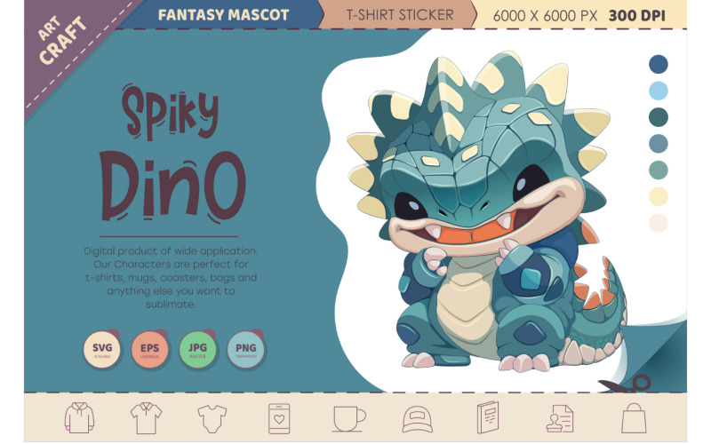 Kreskówka kolczasty dinozaur. Koszulka, PNG, SVG.
