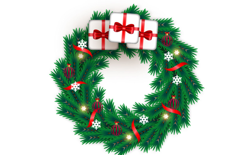 Украшение рождественского венка. вектор венок с сосновыми листьями, рождественскими шарами и лентой