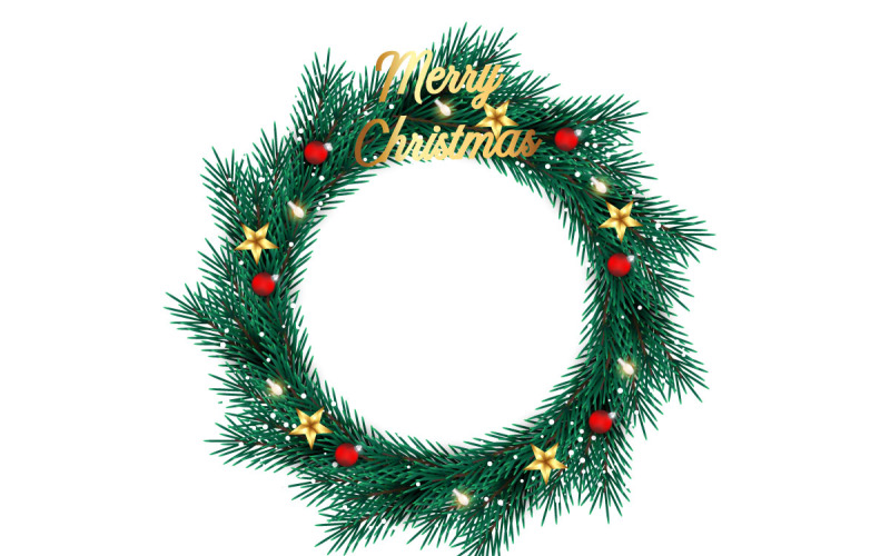 Couronne de vecteur avec des boules de Noël rouges, un arc et des étoiles dorées isolées sur une idée de fond blanc