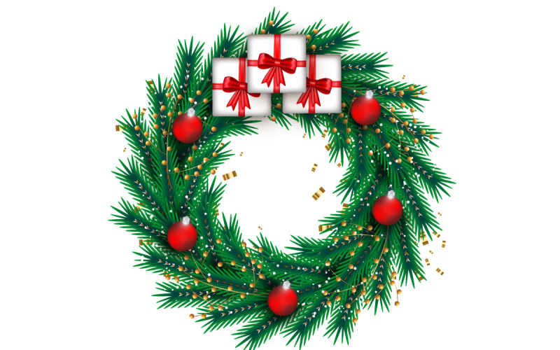 Decoração de guirlanda de Natal. guirlanda com folhas de pinheiro, bolas de natal e uma fita dourada