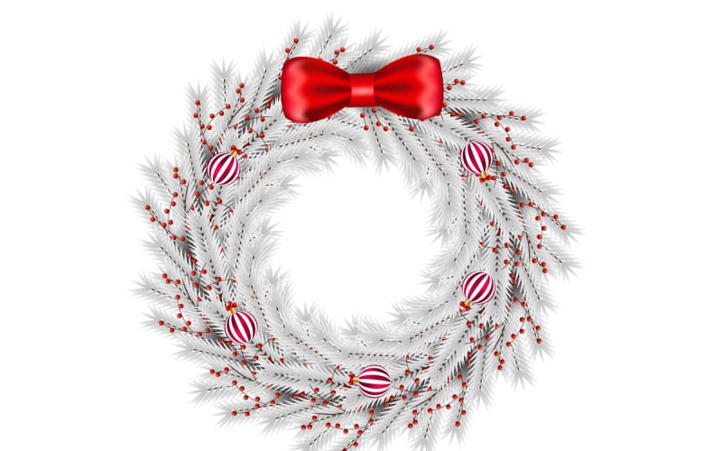 Décoration de couronne de Noël. vecteur de couronne avec feuilles de pin, boules de Noël et ruban rouge