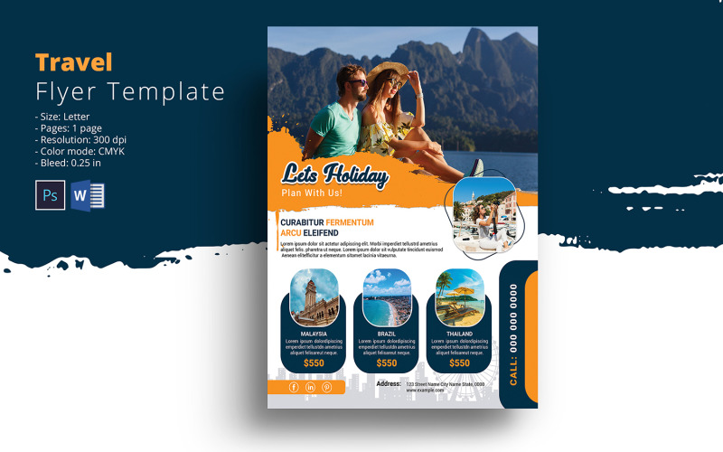 Modello di volantino per agenzia di viaggi. Photoshop e modello MS Word