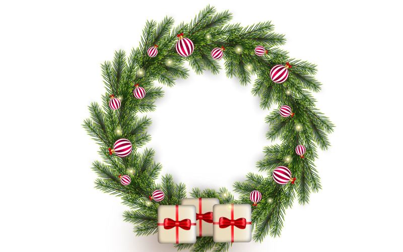 Christmas wreath with pine leaves, christmas balls  christmas wreath white background