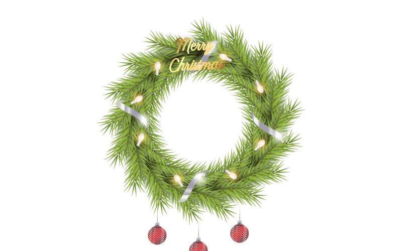 Guirlanda de Natal realista vetorial com folhas de pinheiro, bolas de Natal e um estilo de fita dourada
