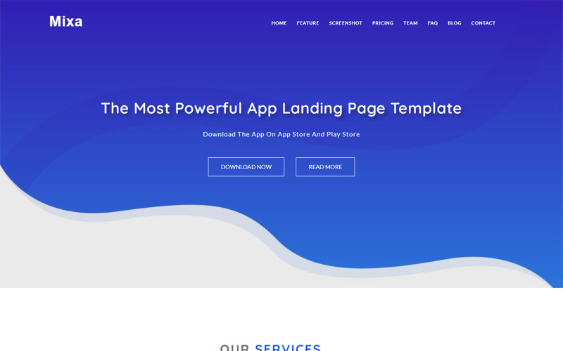 Modèle HTML5 de page de destination de l'application Mixa