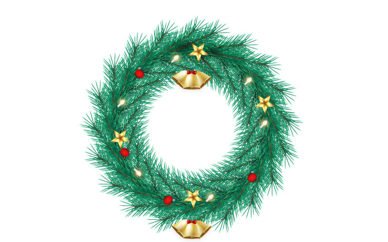 Vektorrealistischer Weihnachtskranz mit Tannenblättern, Weihnachtskugeln und einem goldenen Band