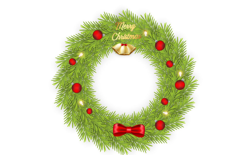 Christmas wenskaart en achtergrond. Kerstkrans met pijnboombladeren, kerstballen