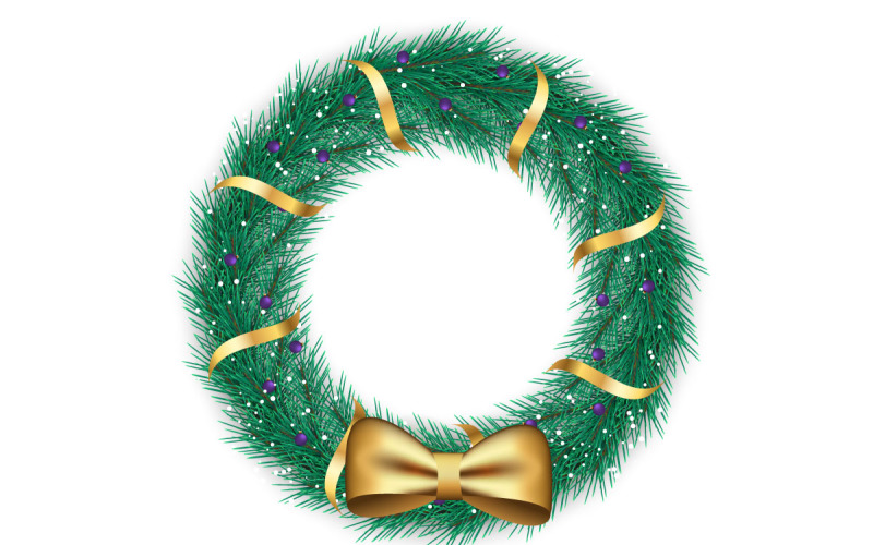 Mutlu Noeller tebrik kartı ve arka plan. Çam yapraklarıyla Noel çelengi, Noel topu