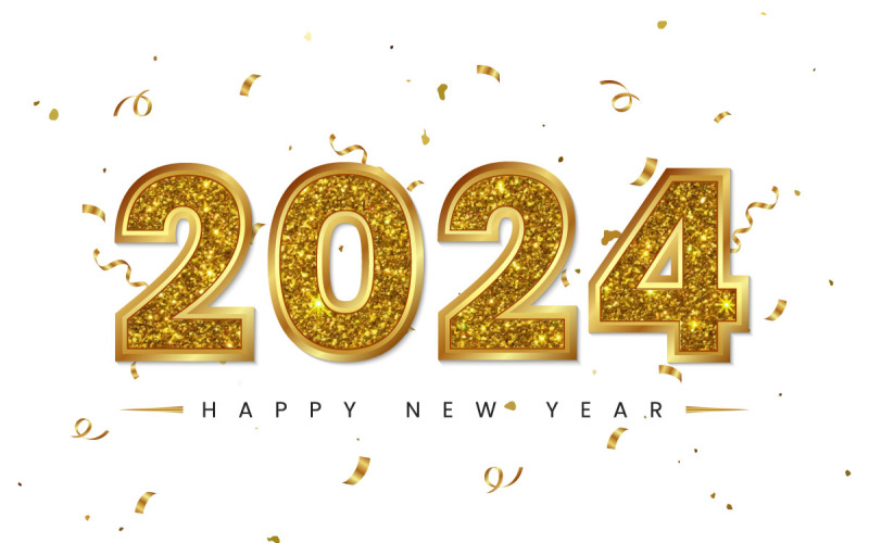 Šťastný nový rok 2024 textový efekt, zlaté třpytky pozadí