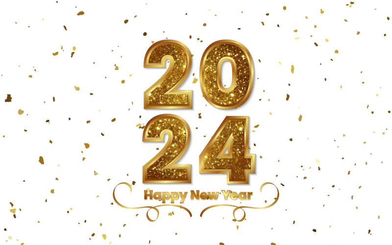 Zlatý šťastný nový rok 2024 nápis design s pozadím zlaté konfety