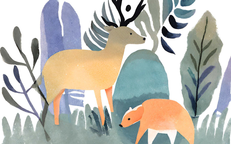 Illustration aquarelle dessinée à la main d'une famille de cerfs dans la forêt
