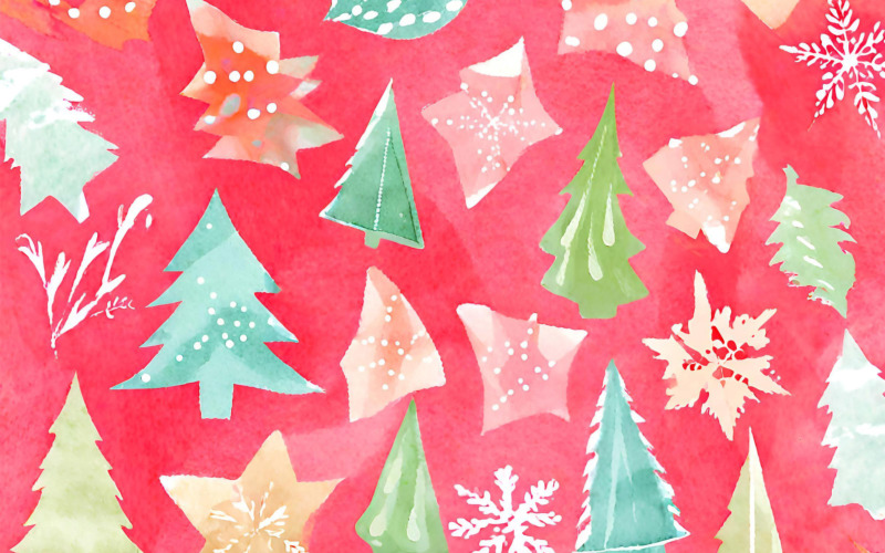水彩圣诞无缝图案与水彩树木和雪花