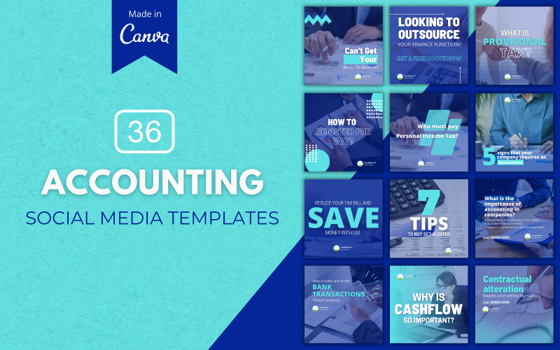 36 plantillas premium de Canva de contabilidad para redes sociales
