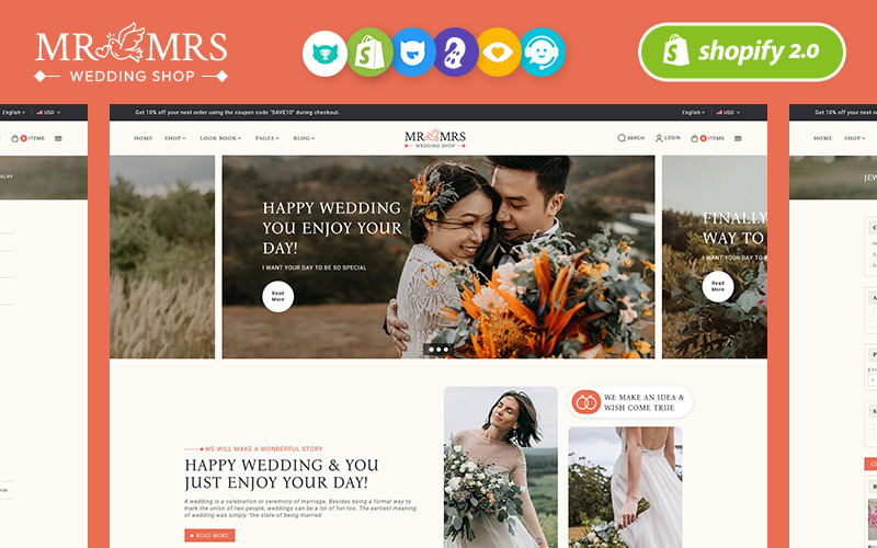 Mr&Mrs - 为婚礼工作室和服装精心制作的 Shopify 响应式主题