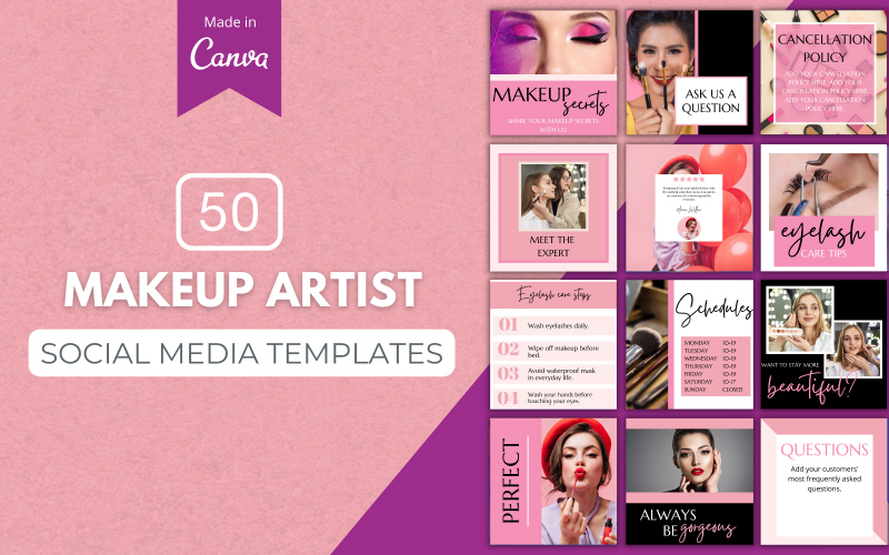 50 plantillas premium de Canva para artistas de maquillaje para redes sociales