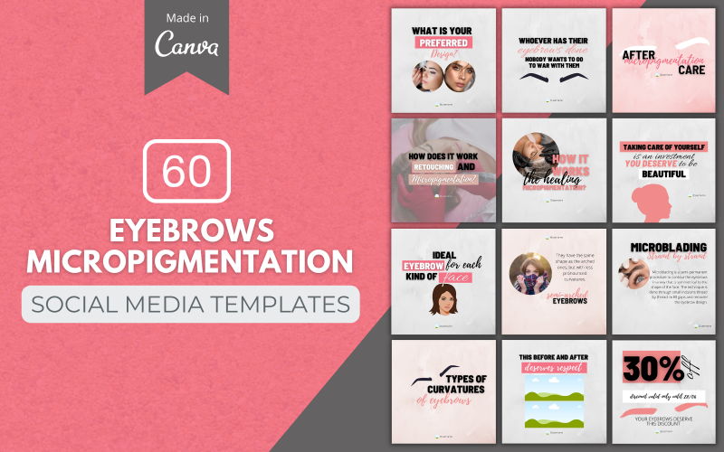 60 plantillas premium de Canva para micropigmentación de cejas para redes sociales