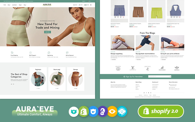 AuraEve - 适用于瑜伽服装、健身和运动的最小 Shopify 主题