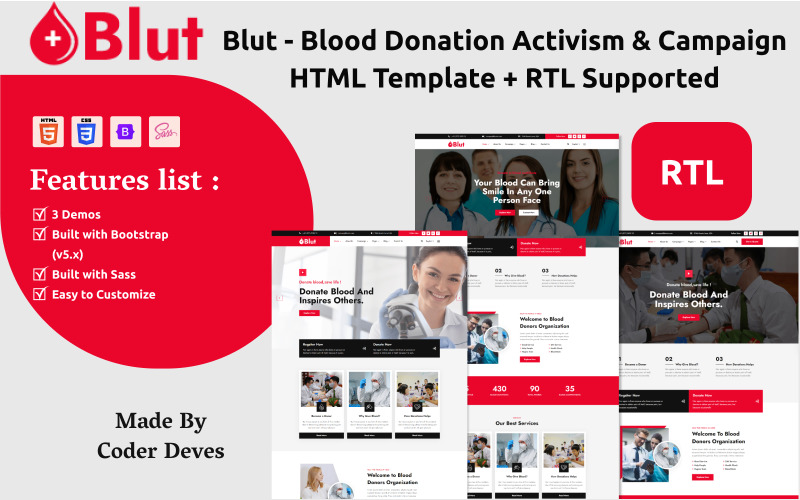 Blut – HTML-шаблон донорства крові та кампанії + підтримується RTL