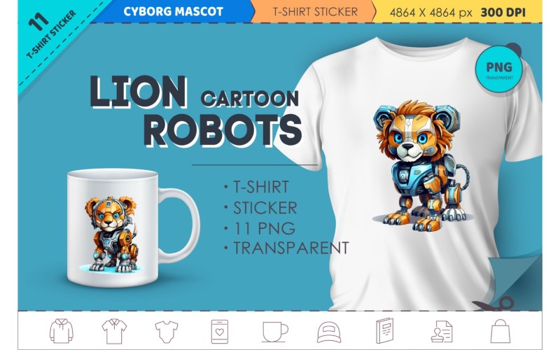 Cartoon-Löwenroboter. T-Shirt, Aufkleber.
