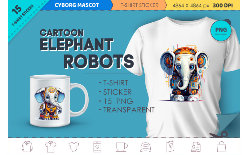 Karikatür fil robotları. Tişört, Çıkartma.
