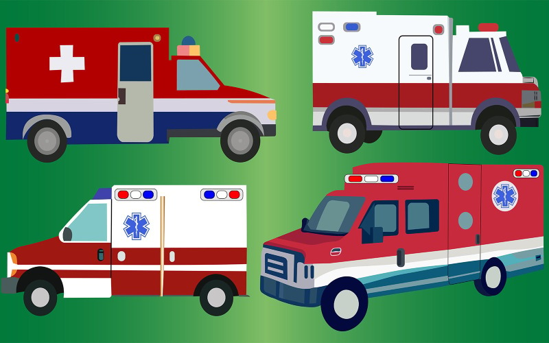 Ambulância ilustrada e colorida com vetor sobre fundo verde