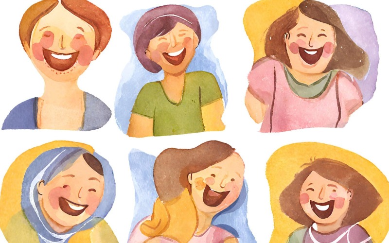 Insieme di persone sorridenti con diverse espressioni facciali. Illustrazione ad acquerello