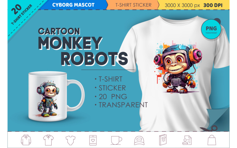 Robôs de macaco de desenho animado. Camiseta, adesivo.
