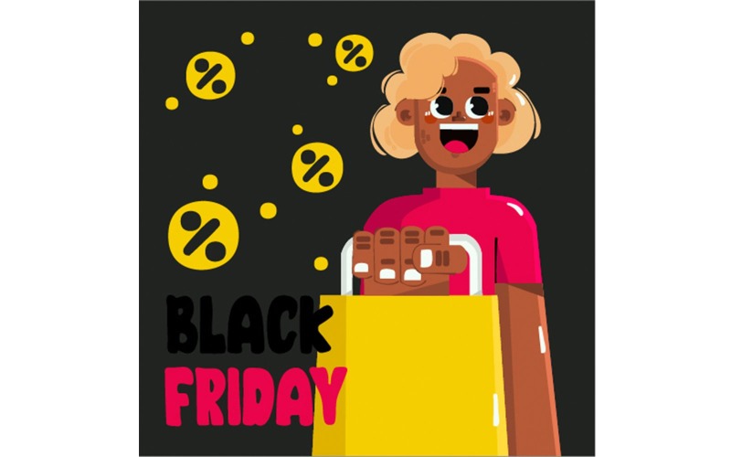 Platte Black Friday met mensen die boodschappentasillustratie vasthouden