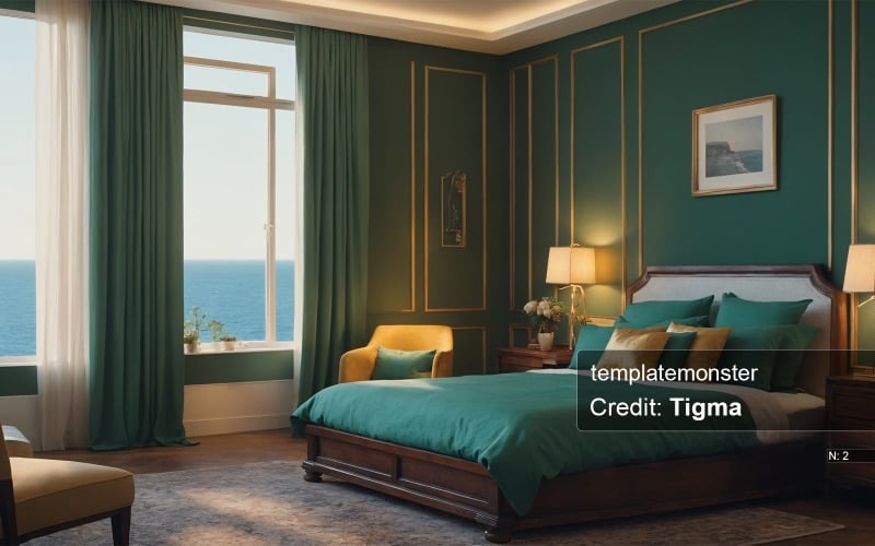 Lussuosa camera da letto con vista sull'oceano: uno stile classico con un tocco moderno