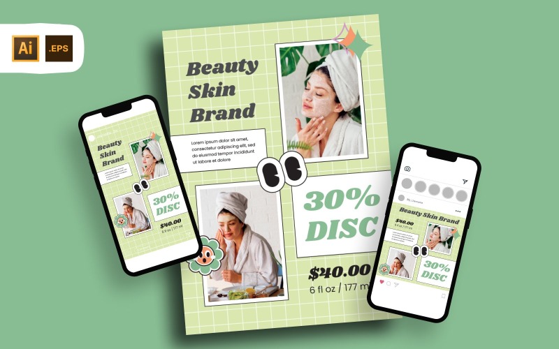 Y2K groene schoonheid huid merk flyer-sjabloon