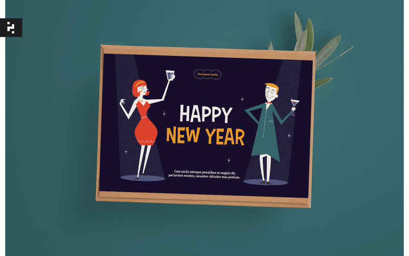 Cartão de ano novo com tema de meados do século
