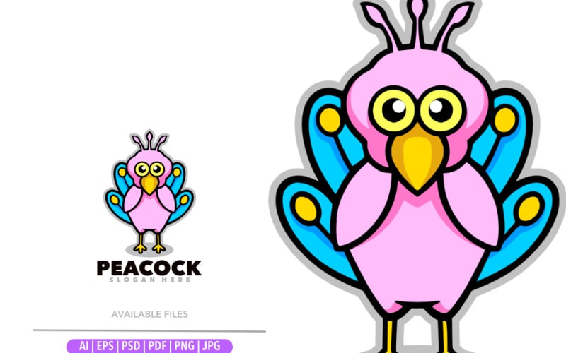 Ilustración de diseño de dibujos animados de mascota pavo real para deporte
