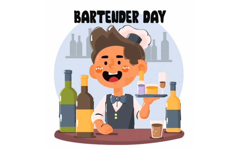 Barmen şişe illüstrasyonlu gümüş tepsiyi tutuyor