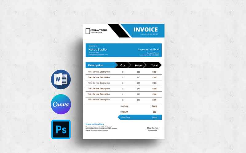 Modello di fattura stampabile. Modello Word, Canva e Photoshop
