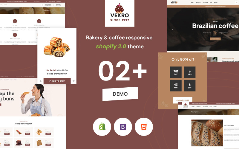 Vekro — Shopify тема премиум-класса для электронной коммерции «Пекарня и еда»