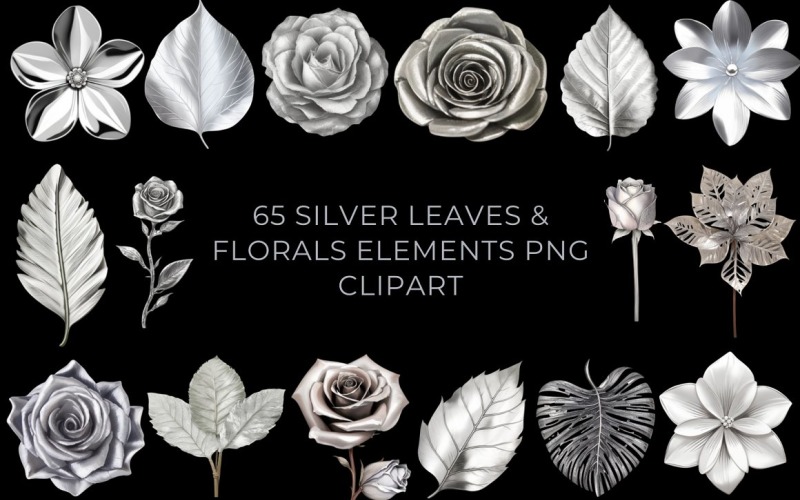 65 feuilles argentées et fleurs Clipart