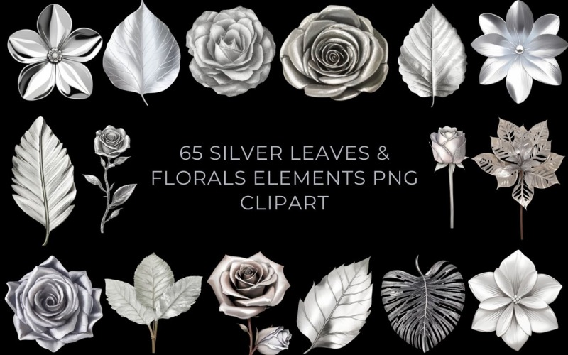 65 Cliparts mit silbernen Blättern und Blumen